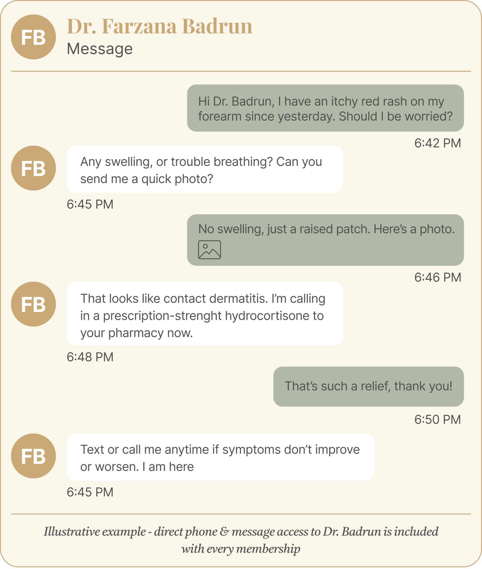 Text message visit with a Georgia direct primary care (DPC) doctor, sample chat about a rash