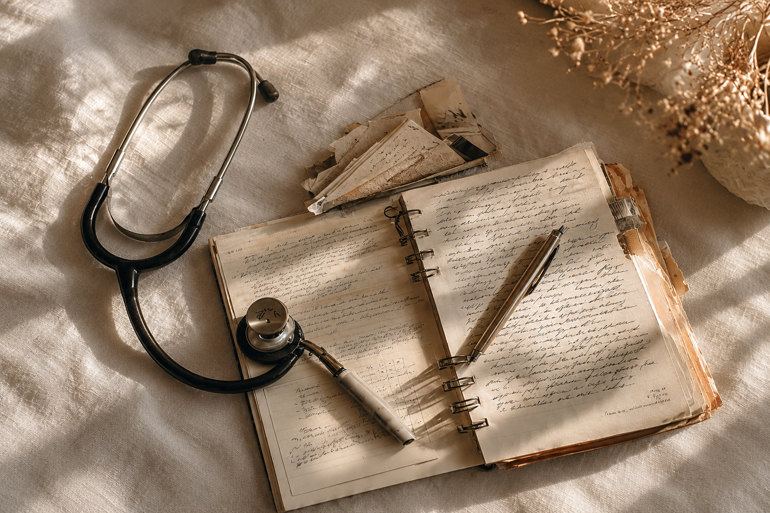 Stethoscope resting on a vintage journal, a physician's approach to patient-centered care at New Essence Health