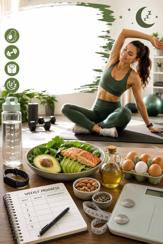 Fitness tracking, healthy eating, and yoga representing lifestyle-focused preventive primary care at New Essence Health