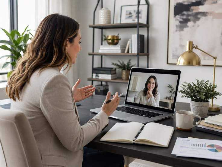 Woman in a beige blazer on a video call, virtual primary care, telehealth and telemedicine across Georgia